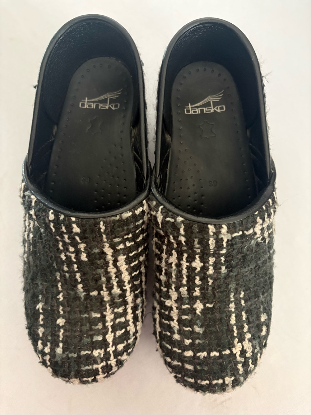 Dansko Black & White Tweed Slip-On Clogs